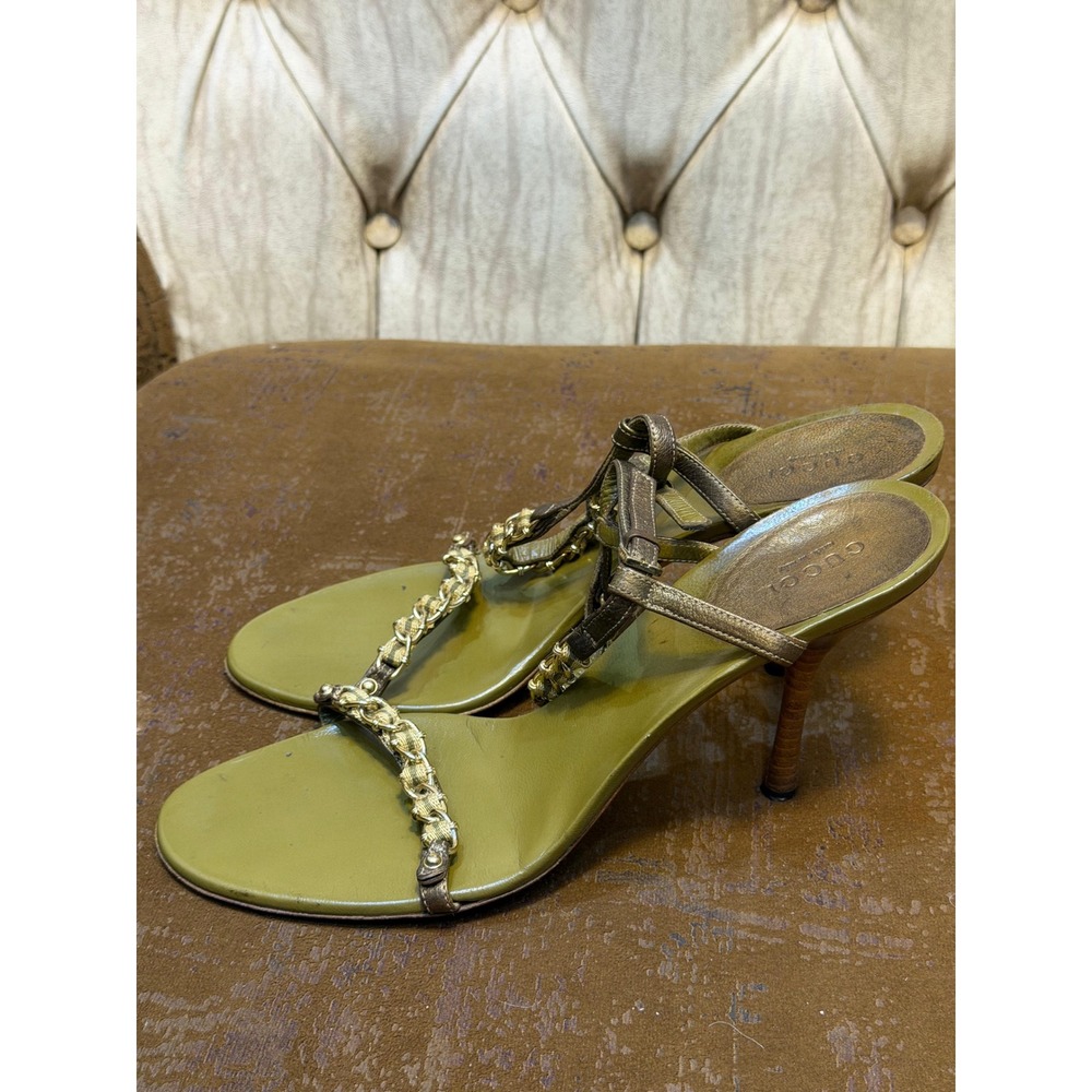 Gucci Womens Olive Green Leather Chain Link Strappy Stiletto Heel Sandals 8.5B - Picture 3 of 8